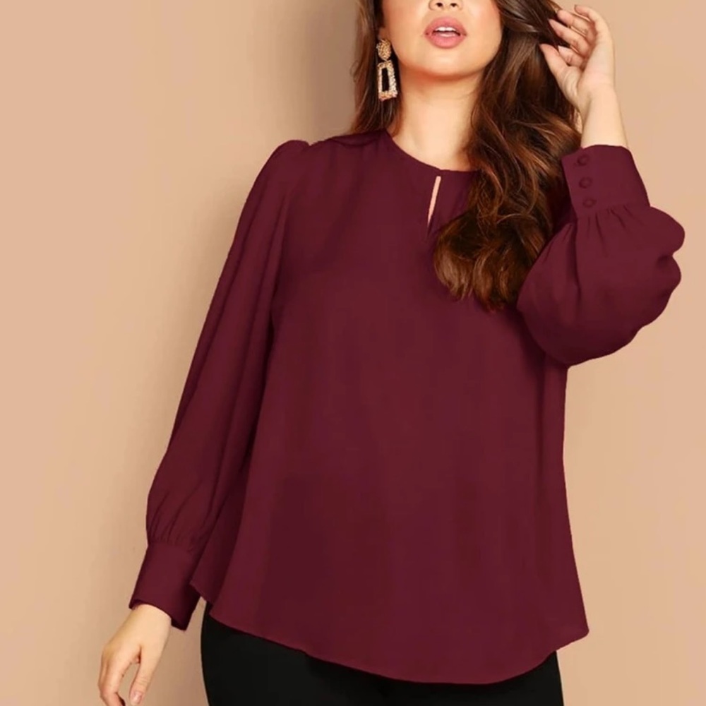 Long sleeve puff ruffle mock neck keyhole back dressy blouse top burgundy